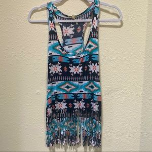 Kirra Women’s XS Fringe Trim Festival Tank Top‎ Black Blue Southwestern Print